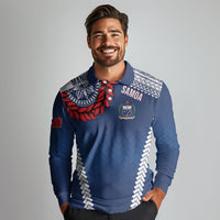 Manu Samoa Rugby Custom Navy Blue Long Sleeve Polo Shirt ʻIe Toga Pattern With Red Ula fala LT7 - Polynesian Pride