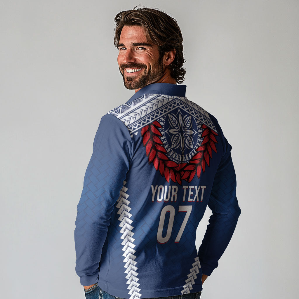 Manu Samoa Rugby Custom Navy Blue Long Sleeve Polo Shirt ʻIe Toga Pattern With Red Ula fala LT7 - Polynesian Pride