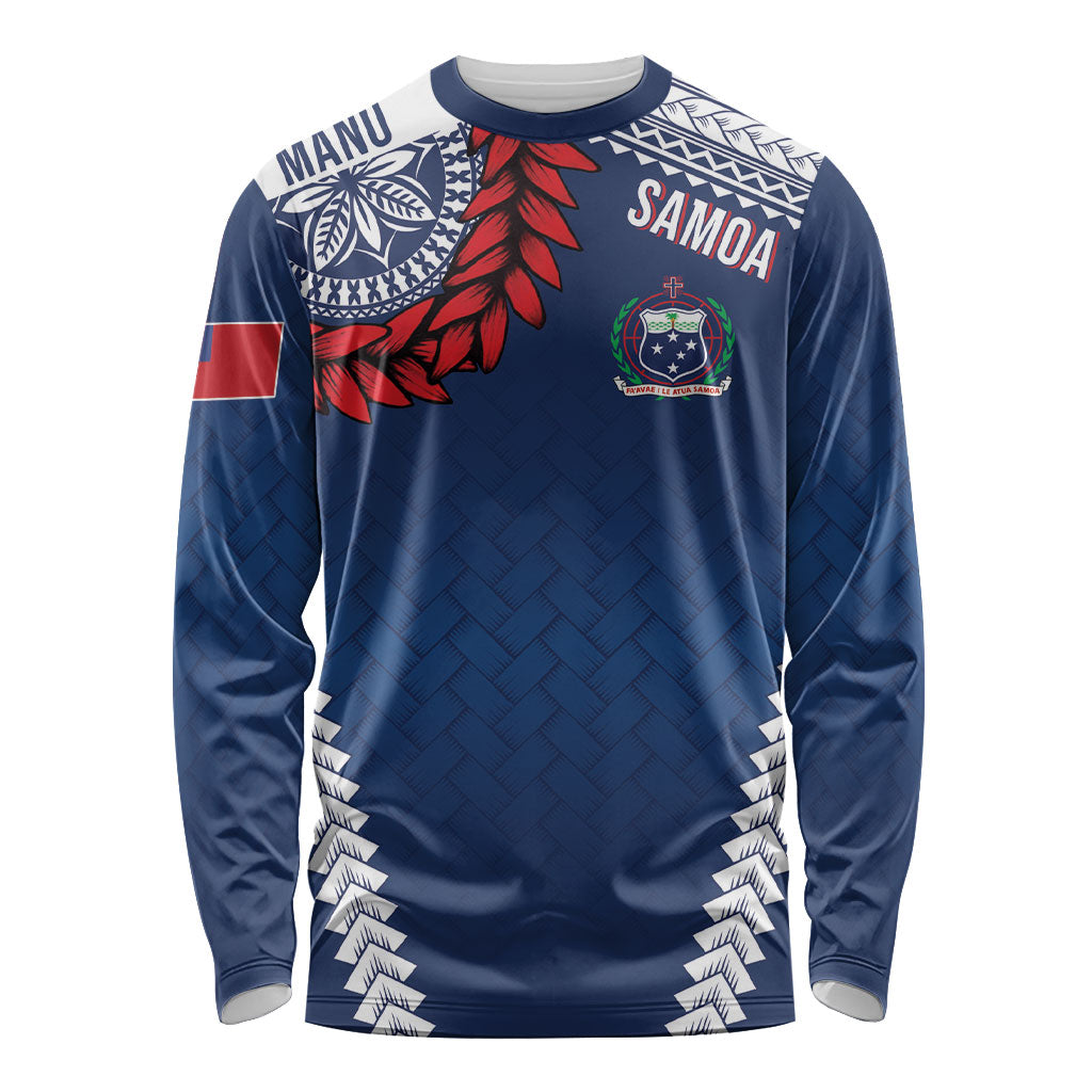 Manu Samoa Rugby Custom Navy Blue Long Sleeve Shirt ʻIe Toga Pattern With Red Ula fala