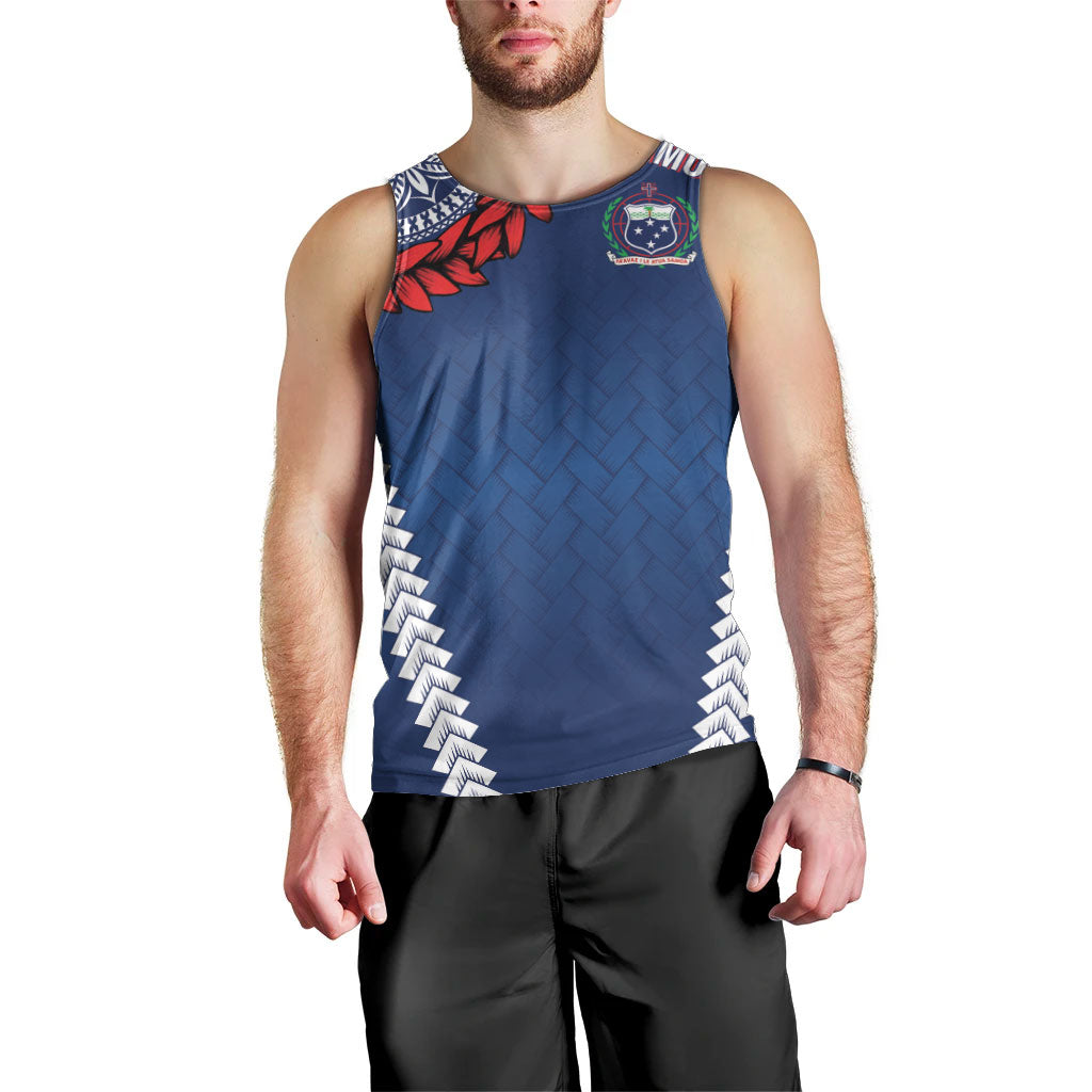 Manu Samoa Rugby Custom Navy Blue Men Tank Top ʻIe Toga Pattern With Red Ula fala LT7 - Polynesian Pride