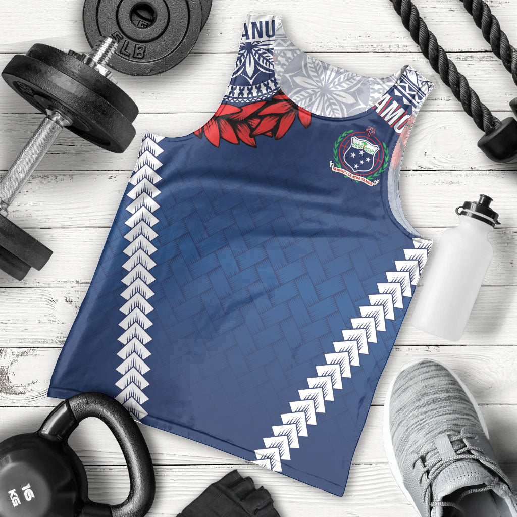 Manu Samoa Rugby Custom Navy Blue Men Tank Top ʻIe Toga Pattern With Red Ula fala LT7 - Polynesian Pride