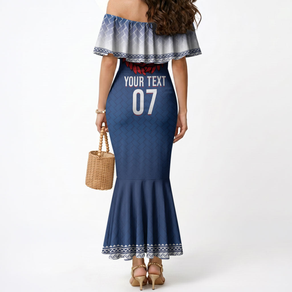 Manu Samoa Rugby Custom Navy Blue Mermaid Dress ʻIe Toga Pattern With Red Ula fala LT7 - Polynesian Pride