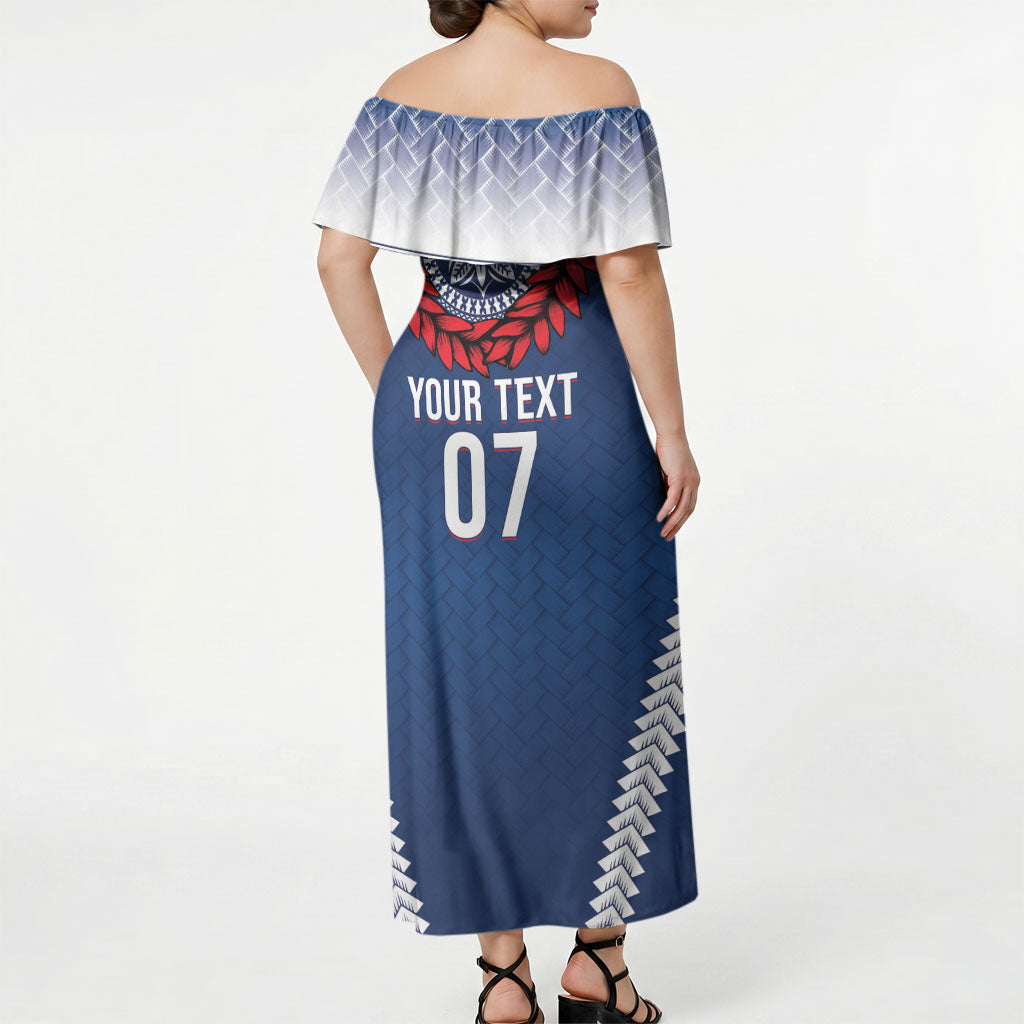 Manu Samoa Rugby Custom Navy Blue Off Shoulder Maxi Dress ʻIe Toga Pattern With Red Ula fala LT7 - Polynesian Pride