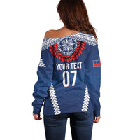 Manu Samoa Rugby Custom Navy Blue Off Shoulder Sweater ʻIe Toga Pattern With Red Ula fala LT7 - Polynesian Pride