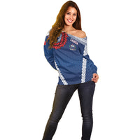 Manu Samoa Rugby Custom Navy Blue Off Shoulder Sweater ʻIe Toga Pattern With Red Ula fala LT7 - Polynesian Pride