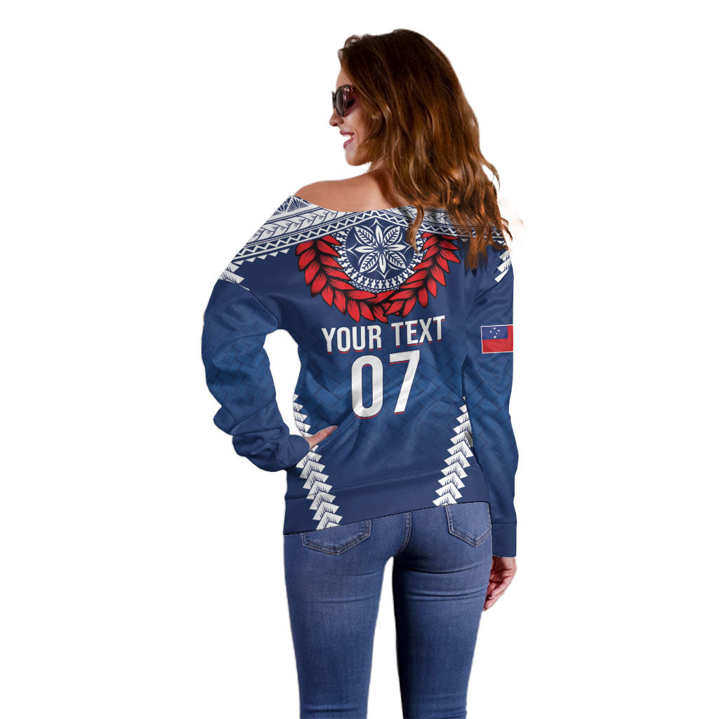 Manu Samoa Rugby Custom Navy Blue Off Shoulder Sweater ʻIe Toga Pattern With Red Ula fala LT7 - Polynesian Pride