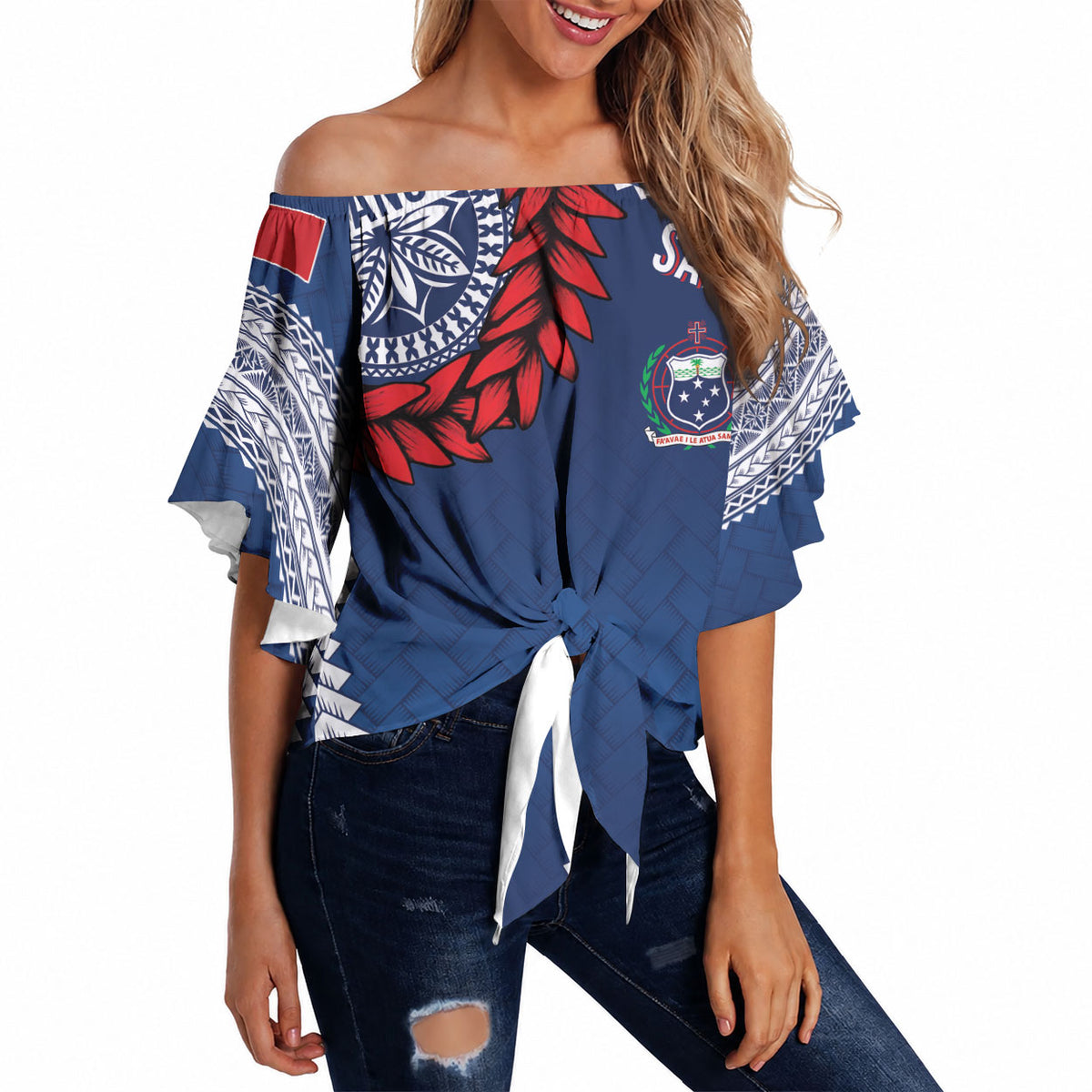 Manu Samoa Rugby Custom Navy Blue Off Shoulder Wrap Waist Top ʻIe Toga Pattern With Red Ula fala LT7 Navy Blue - Polynesian Pride