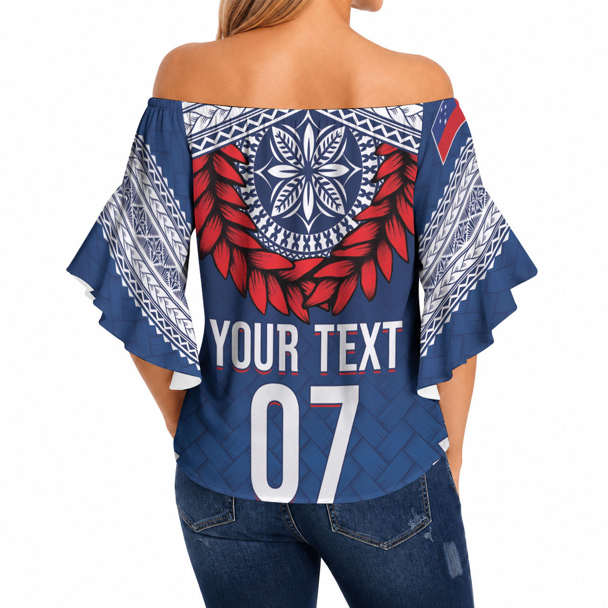 Manu Samoa Rugby Custom Navy Blue Off Shoulder Wrap Waist Top ʻIe Toga Pattern With Red Ula fala LT7 - Polynesian Pride