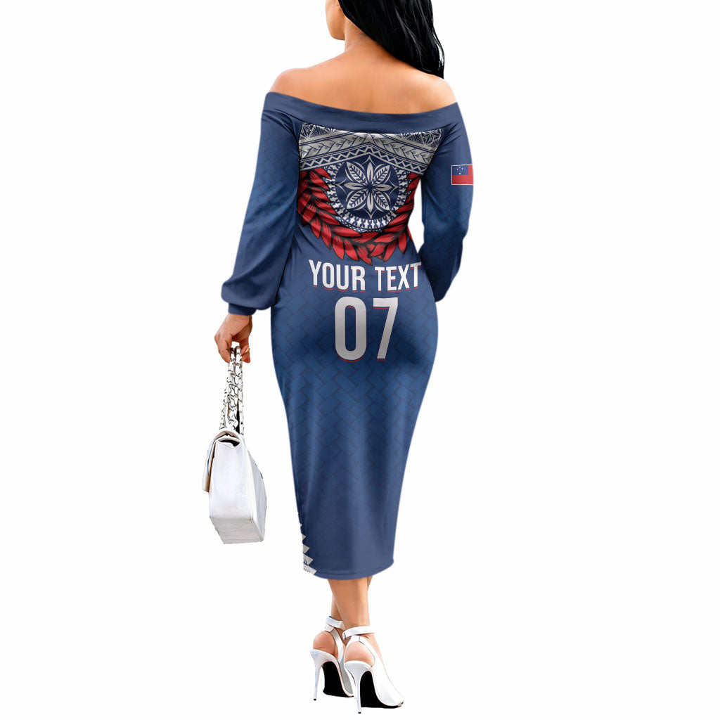 Manu Samoa Rugby Custom Navy Blue Off The Shoulder Long Sleeve Dress ʻIe Toga Pattern With Red Ula fala LT7 - Polynesian Pride