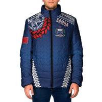 Manu Samoa Rugby Custom Navy Blue Padded Jacket ʻIe Toga Pattern With Red Ula fala LT7 Men Navy Blue - Polynesian Pride