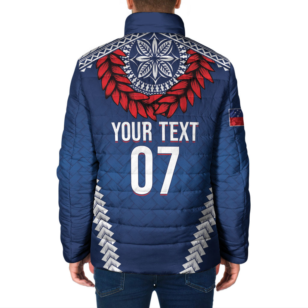 Manu Samoa Rugby Custom Navy Blue Padded Jacket ʻIe Toga Pattern With Red Ula fala LT7 - Polynesian Pride