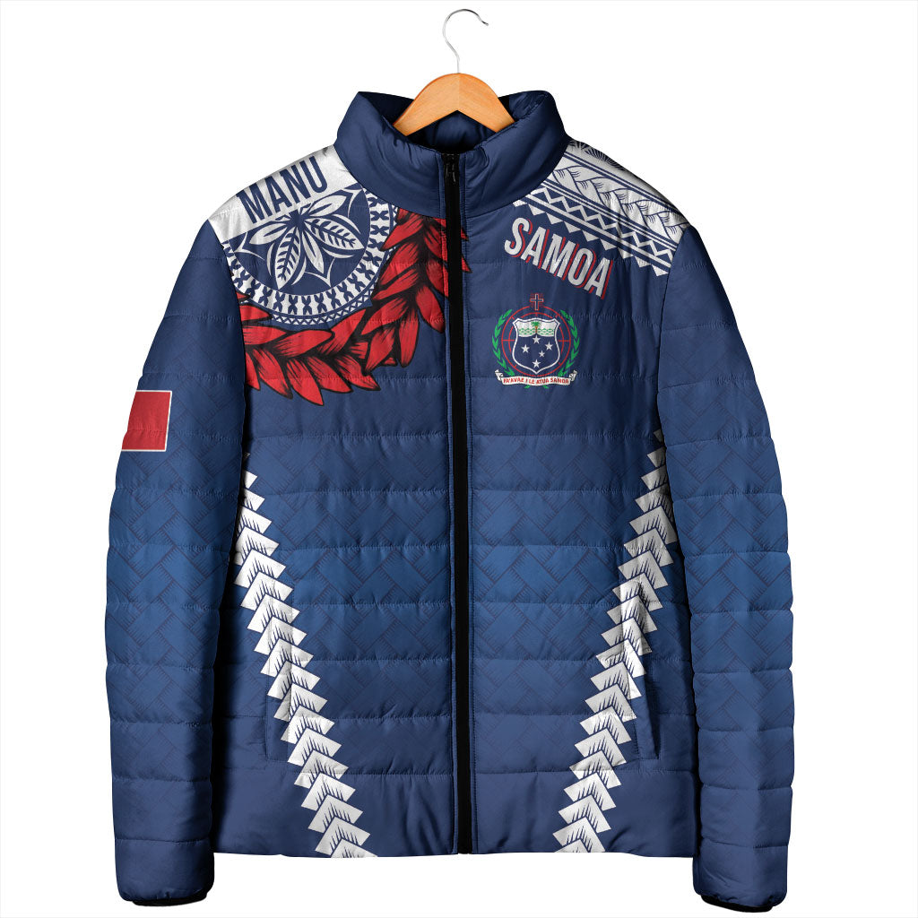 Manu Samoa Rugby Custom Navy Blue Padded Jacket ʻIe Toga Pattern With Red Ula fala LT7 - Polynesian Pride