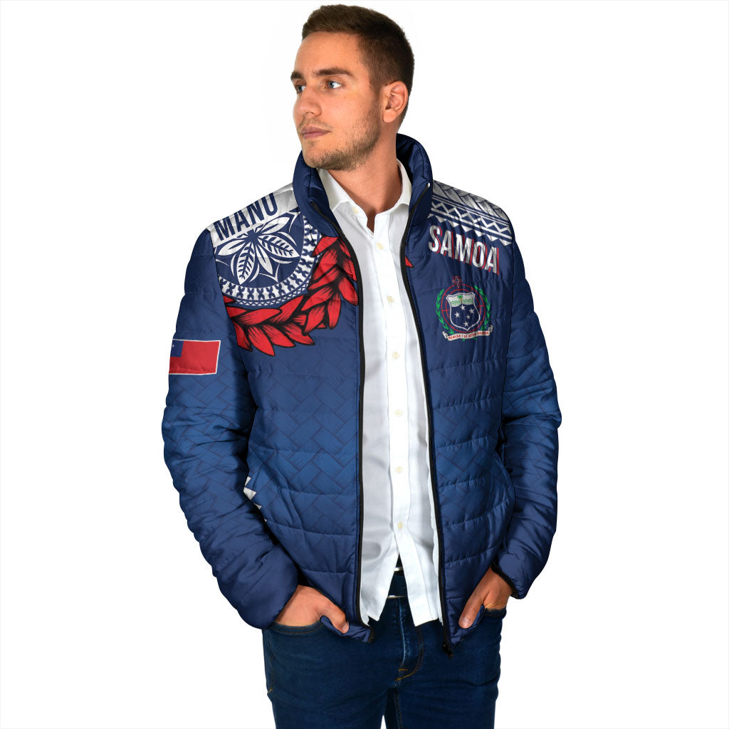 Manu Samoa Rugby Custom Navy Blue Padded Jacket ʻIe Toga Pattern With Red Ula fala LT7 - Polynesian Pride