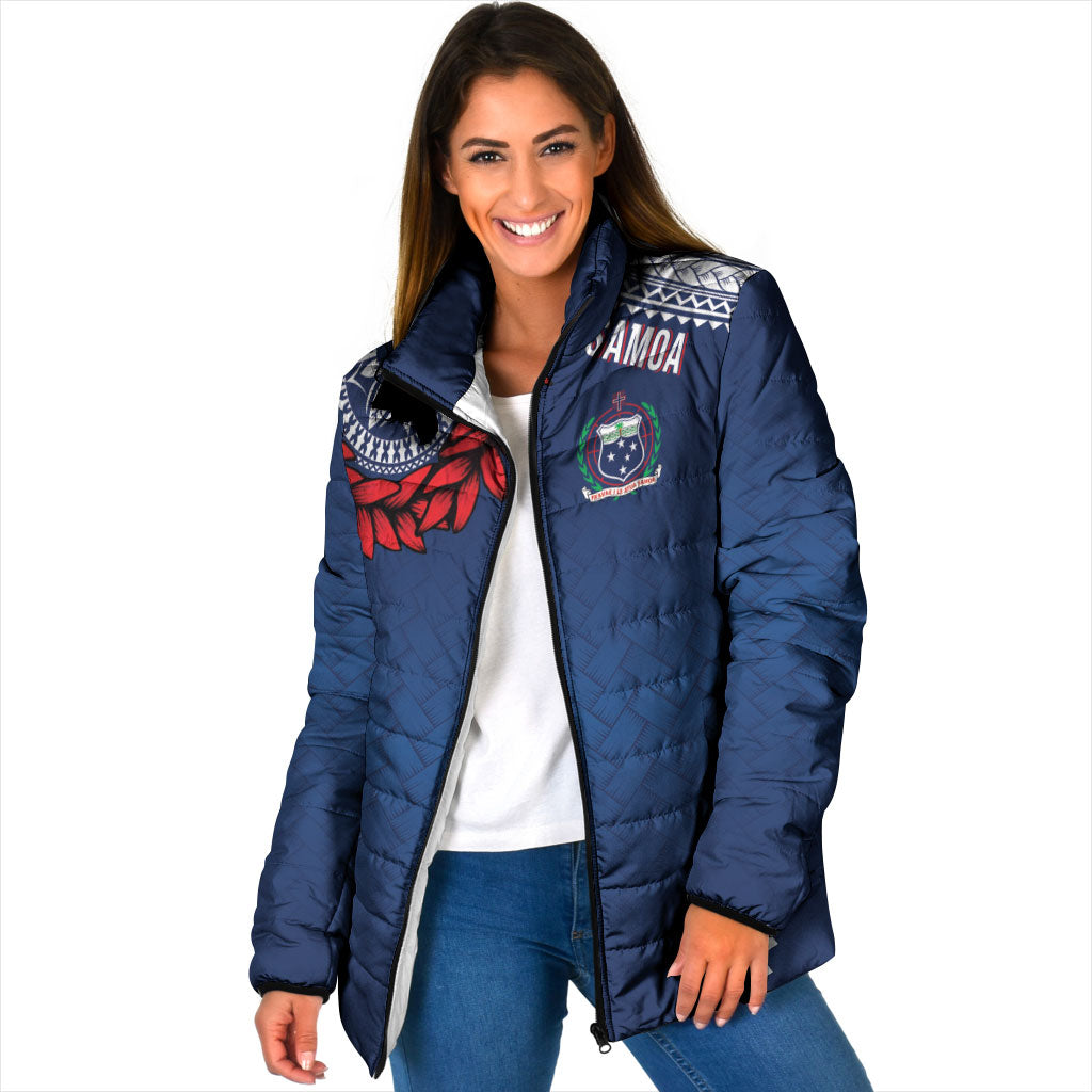 Manu Samoa Rugby Custom Navy Blue Padded Jacket ʻIe Toga Pattern With Red Ula fala LT7 Women Navy Blue - Polynesian Pride