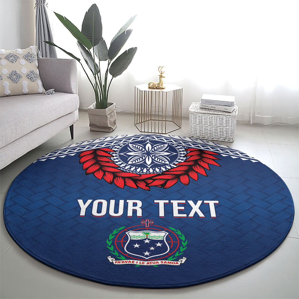 Manu Samoa Rugby Custom Navy Blue Round Carpet ʻIe Toga Pattern With Red Ula fala LT7 - Polynesian Pride