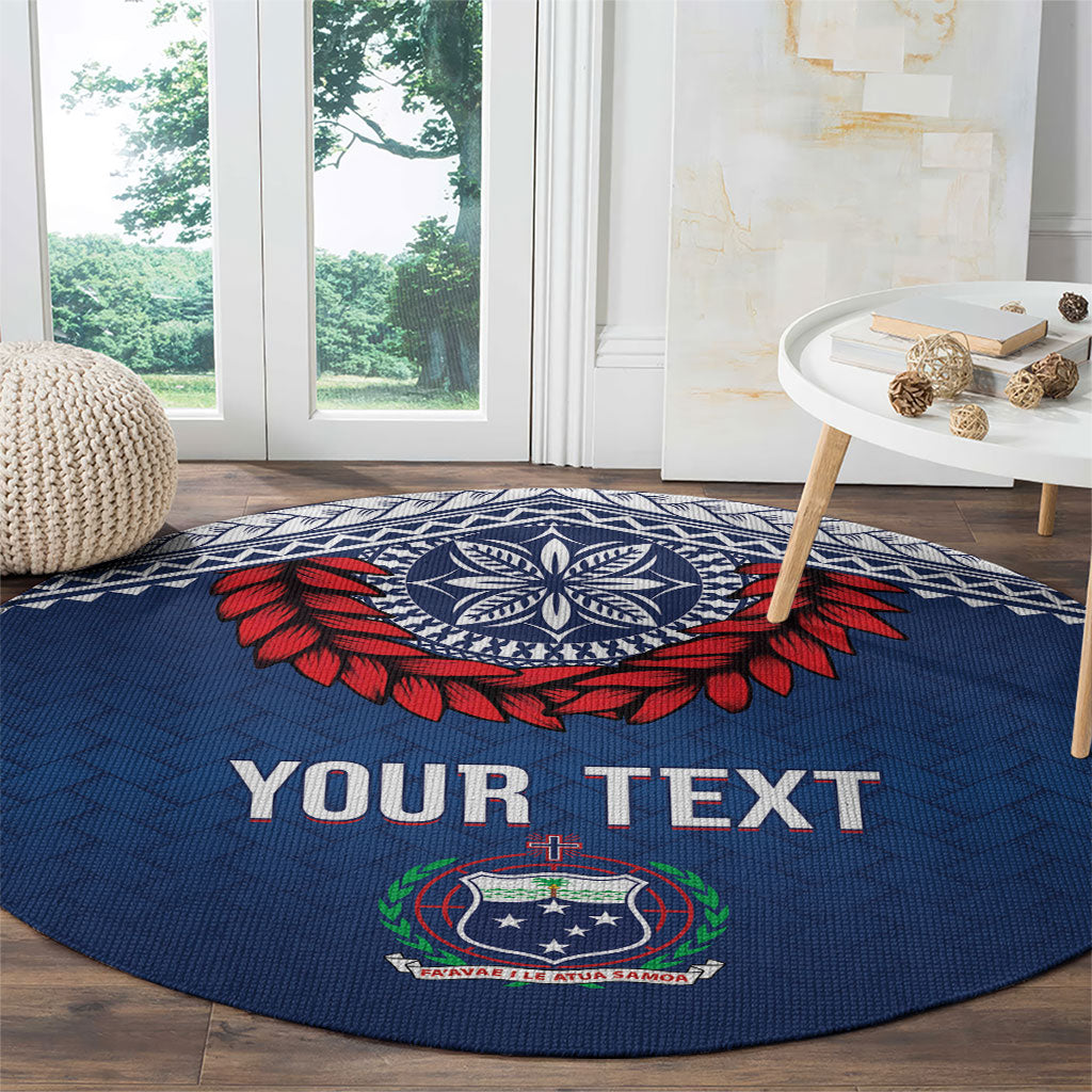 Manu Samoa Rugby Custom Navy Blue Round Carpet ʻIe Toga Pattern With Red Ula fala LT7 - Polynesian Pride
