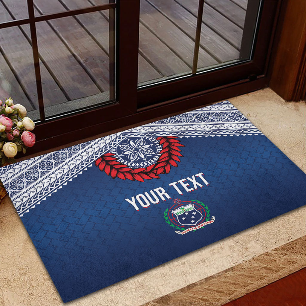 Manu Samoa Rugby Custom Navy Blue Rubber Doormat ʻIe Toga Pattern With Red Ula fala LT7 - Polynesian Pride