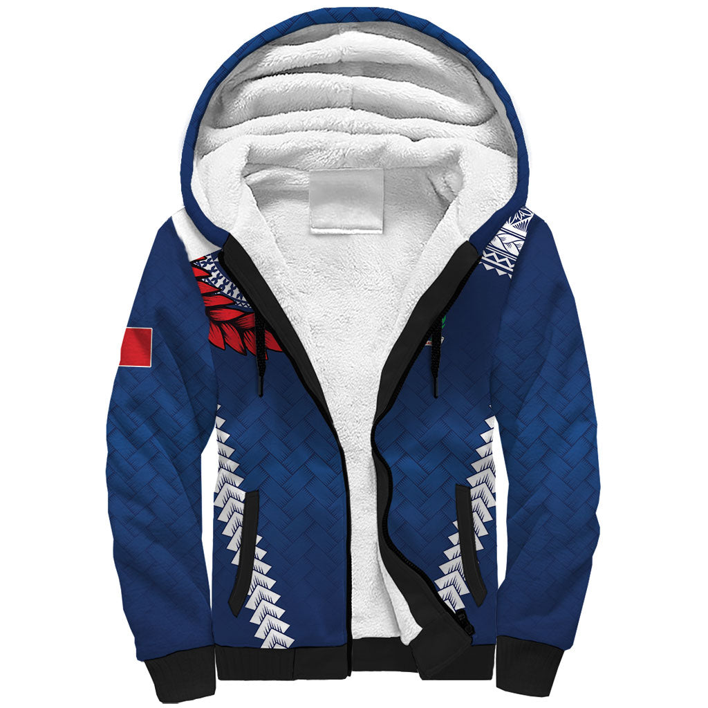 Manu Samoa Rugby Custom Navy Blue Sherpa Hoodie ʻIe Toga Pattern With Red Ula fala