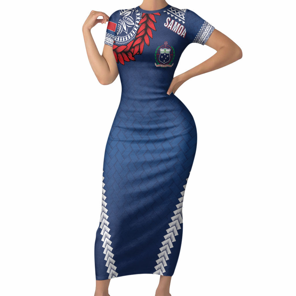 Manu Samoa Rugby Custom Navy Blue Short Sleeve Bodycon Dress ʻIe Toga Pattern With Red Ula fala