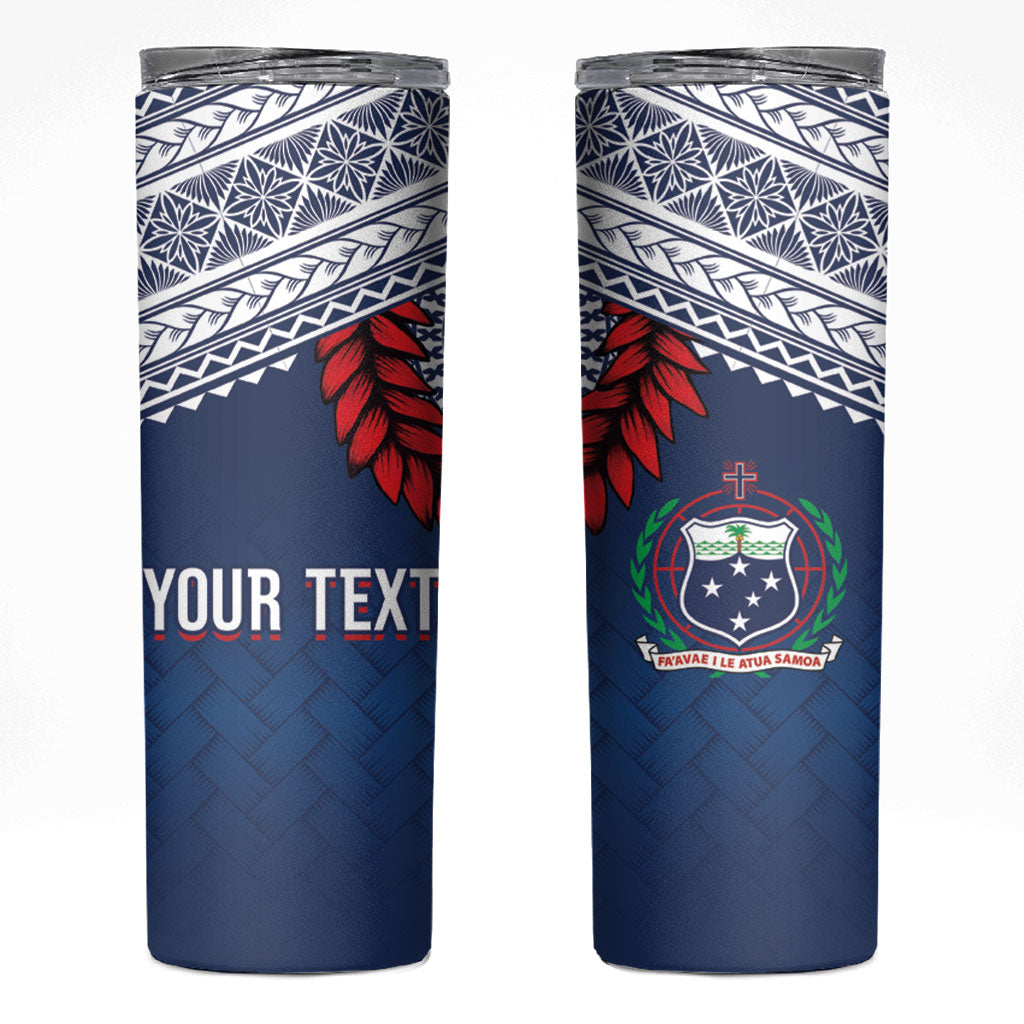 Manu Samoa Rugby Custom Navy Blue Skinny Tumbler ʻIe Toga Pattern With Red Ula fala