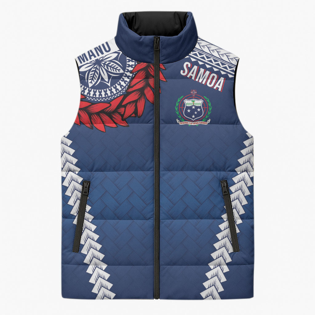 Manu Samoa Rugby Custom Navy Blue Sleeveless Puffer Jacket ʻIe Toga Pattern With Red Ula fala LT7 Unisex Navy Blue - Polynesian Pride