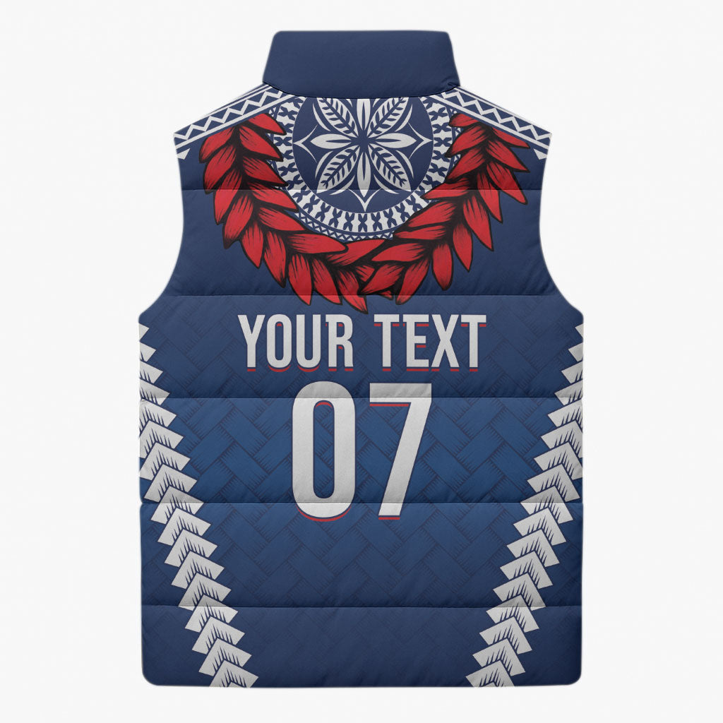 Manu Samoa Rugby Custom Navy Blue Sleeveless Puffer Jacket ʻIe Toga Pattern With Red Ula fala LT7 - Polynesian Pride