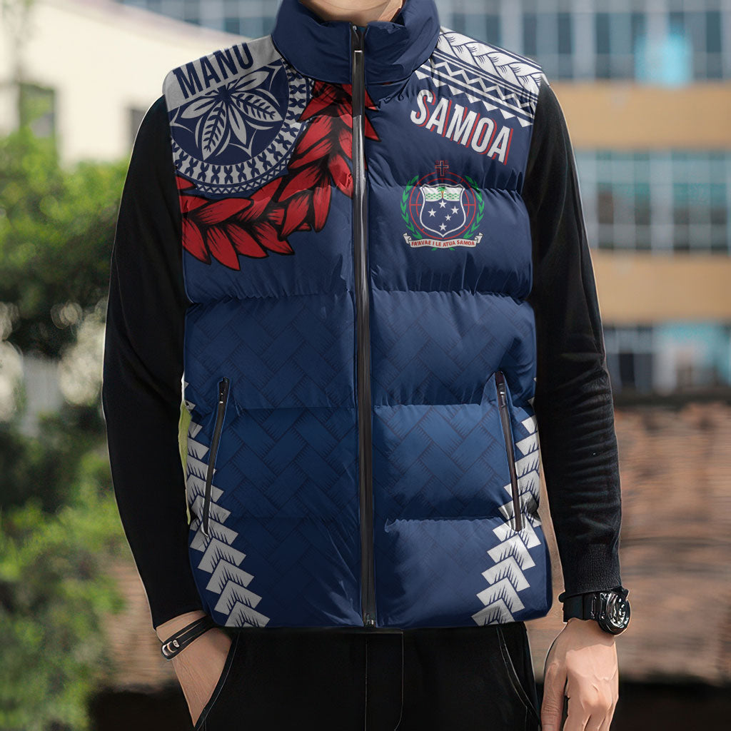 Manu Samoa Rugby Custom Navy Blue Sleeveless Puffer Jacket ʻIe Toga Pattern With Red Ula fala LT7 - Polynesian Pride