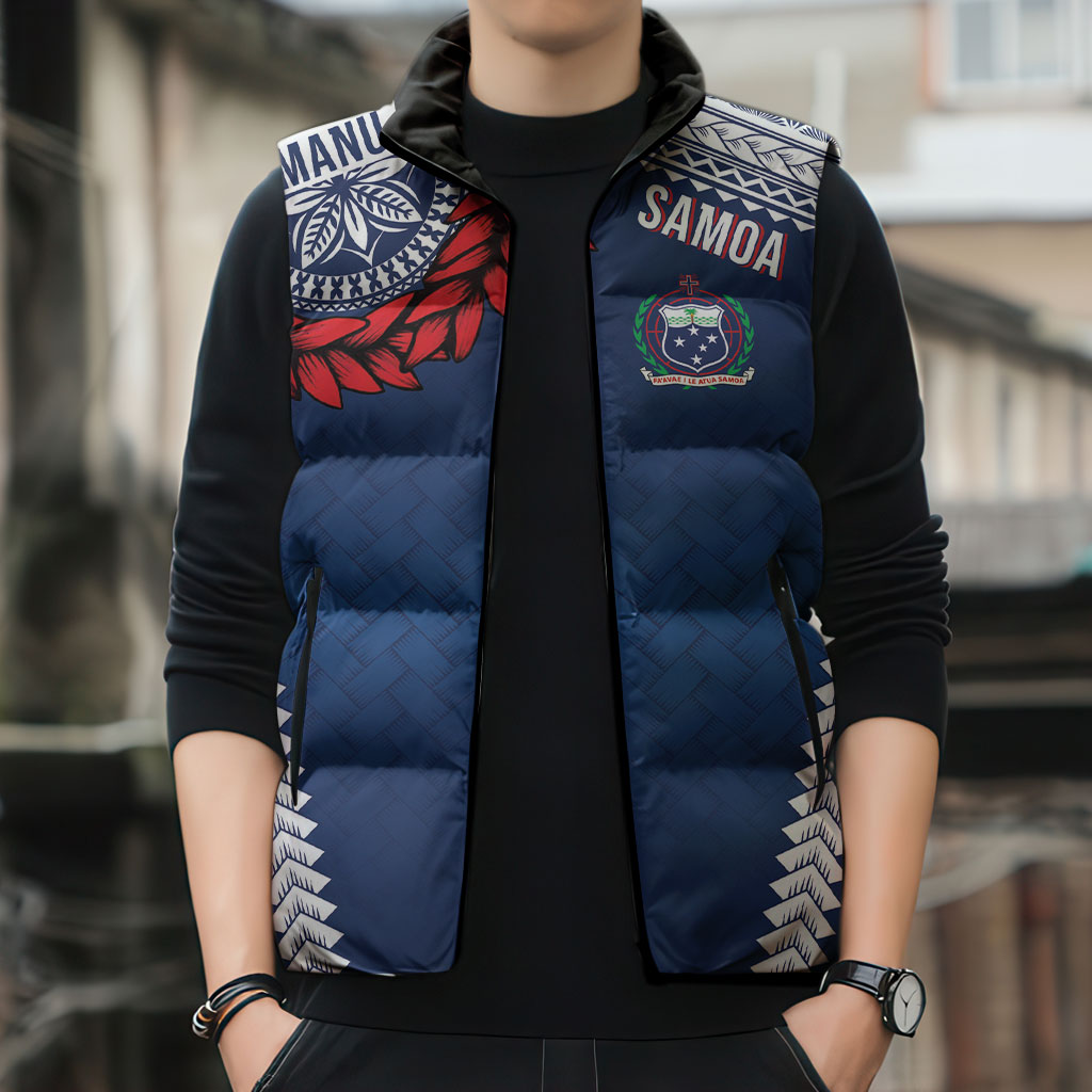 Manu Samoa Rugby Custom Navy Blue Sleeveless Puffer Jacket ʻIe Toga Pattern With Red Ula fala LT7 - Polynesian Pride
