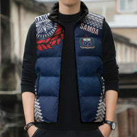 Manu Samoa Rugby Custom Navy Blue Sleeveless Puffer Jacket ʻIe Toga Pattern With Red Ula fala LT7 - Polynesian Pride