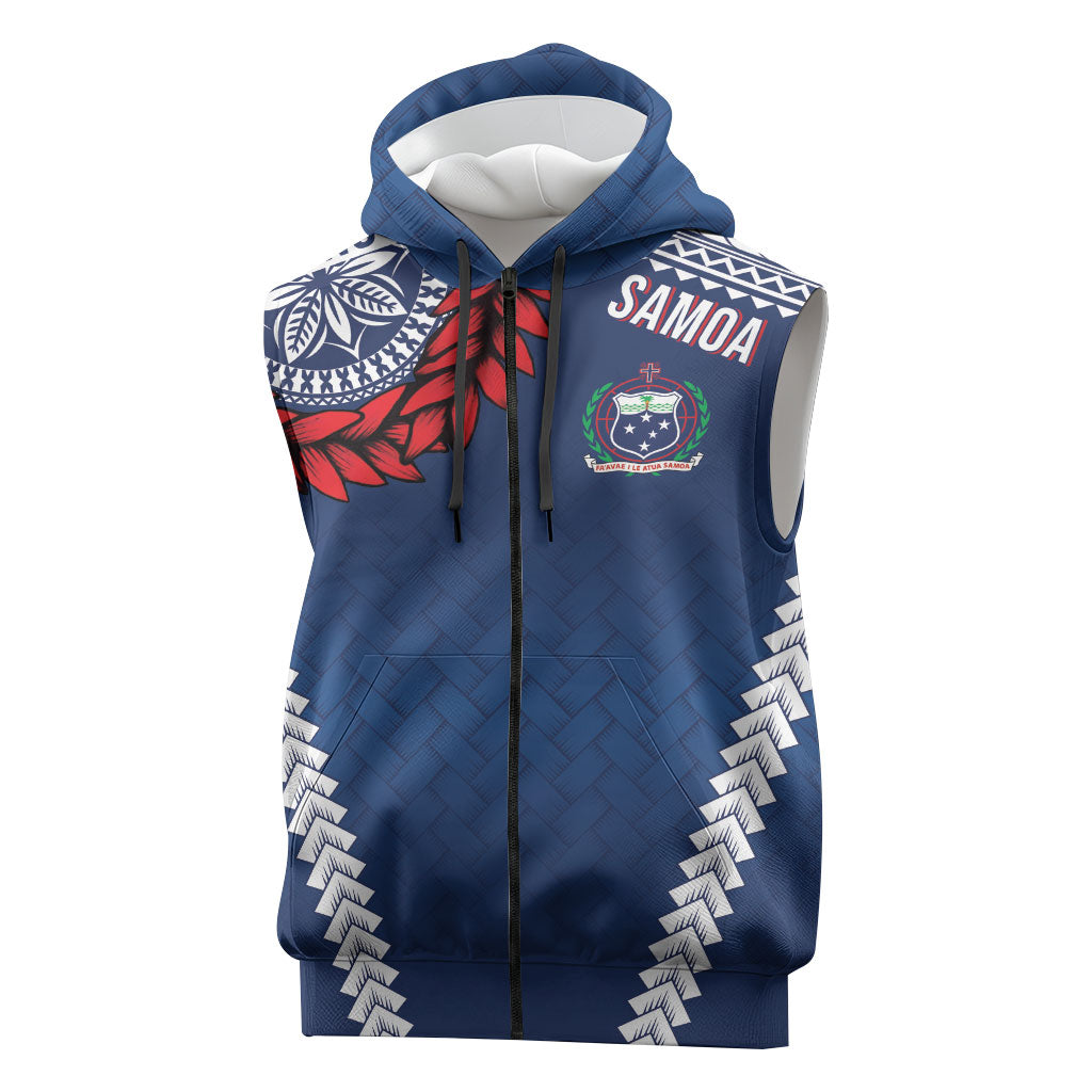 Manu Samoa Rugby Custom Navy Blue Sleeveless Zip Hoodie ʻIe Toga Pattern With Red Ula fala LT7 Navy Blue - Polynesian Pride