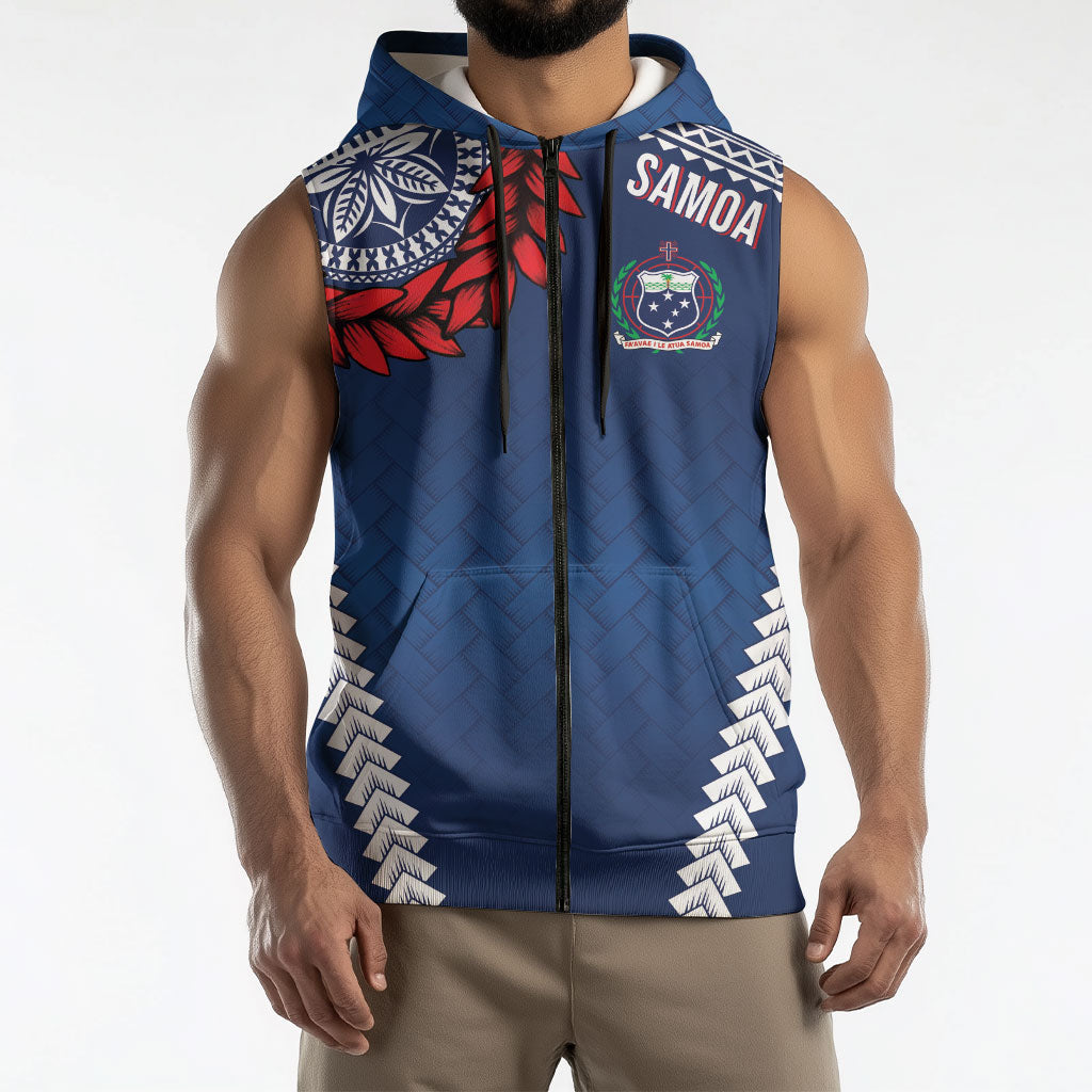 Manu Samoa Rugby Custom Navy Blue Sleeveless Zip Hoodie ʻIe Toga Pattern With Red Ula fala LT7 - Polynesian Pride