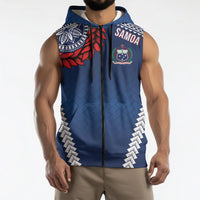 Manu Samoa Rugby Custom Navy Blue Sleeveless Zip Hoodie ʻIe Toga Pattern With Red Ula fala LT7 - Polynesian Pride