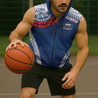 Manu Samoa Rugby Custom Navy Blue Sleeveless Zip Hoodie ʻIe Toga Pattern With Red Ula fala LT7 - Polynesian Pride