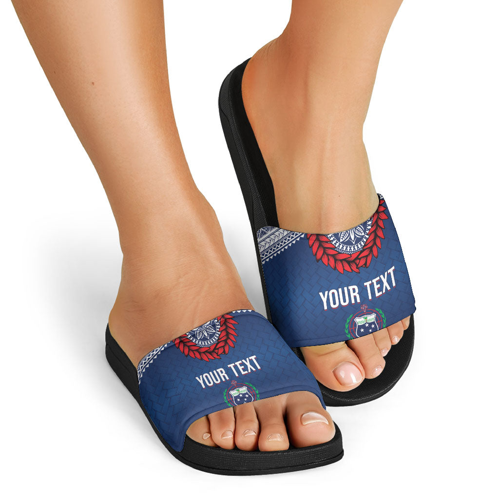 Manu Samoa Rugby Custom Navy Blue Slide Sandals ʻIe Toga Pattern With Red Ula fala LT7 - Polynesian Pride