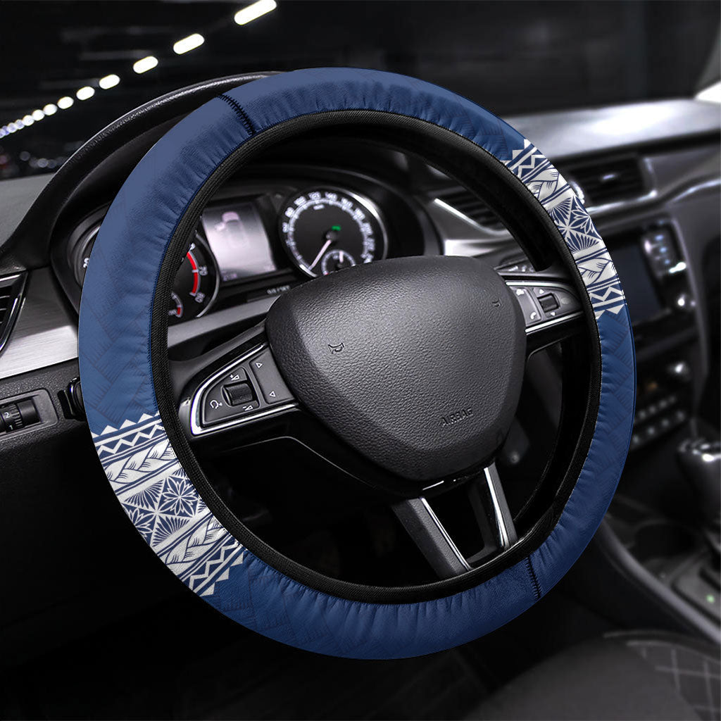 Manu Samoa Rugby Navy Blue Steering Wheel Cover ʻIe Toga Pattern With Red Ula fala LT7 Universal Fit Navy Blue - Polynesian Pride