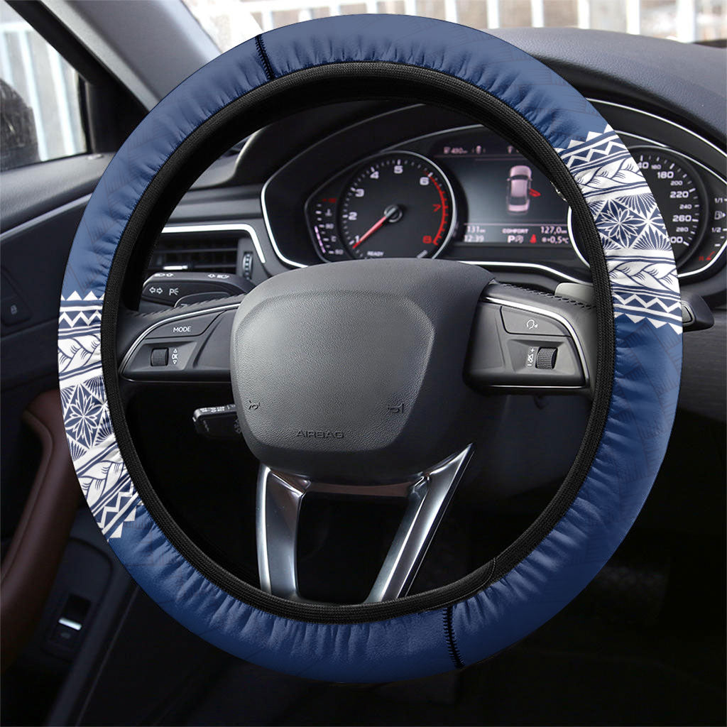 Manu Samoa Rugby Navy Blue Steering Wheel Cover ʻIe Toga Pattern With Red Ula fala LT7 - Polynesian Pride