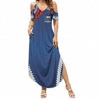 Manu Samoa Rugby Custom Navy Blue Summer Maxi Dress ʻIe Toga Pattern With Red Ula fala LT7 Women Navy Blue - Polynesian Pride