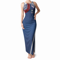 Manu Samoa Rugby Custom Navy Blue Tank Maxi Dress ʻIe Toga Pattern With Red Ula fala LT7 Women Navy Blue - Polynesian Pride