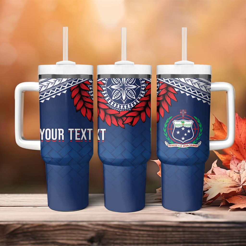 Manu Samoa Rugby Custom Navy Blue Tumbler With Handle ʻIe Toga Pattern With Red Ula fala LT7 - Polynesian Pride