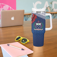 Manu Samoa Rugby Custom Navy Blue Tumbler With Handle ʻIe Toga Pattern With Red Ula fala LT7 - Polynesian Pride