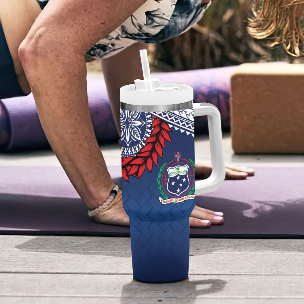 Manu Samoa Rugby Custom Navy Blue Tumbler With Handle ʻIe Toga Pattern With Red Ula fala LT7 - Polynesian Pride