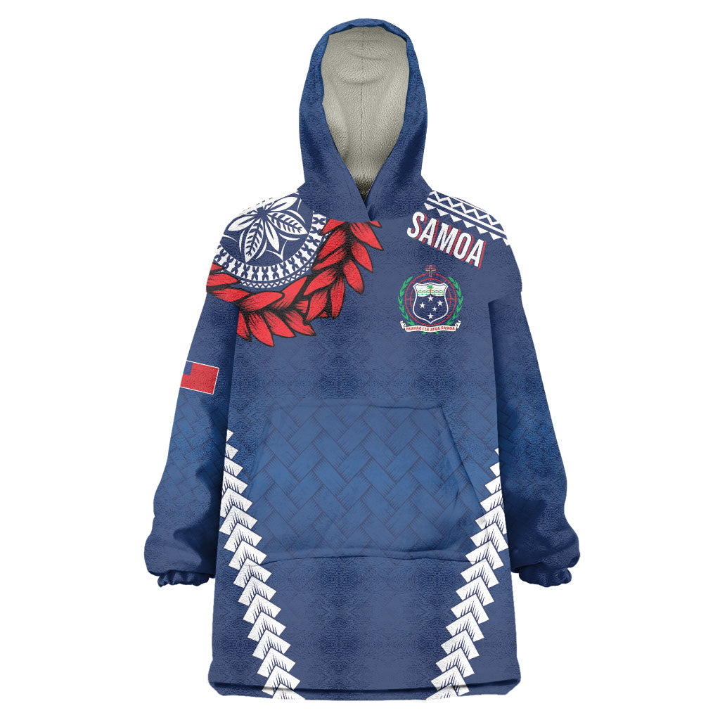 Manu Samoa Rugby Custom Navy Blue Wearable Blanket Hoodie ʻIe Toga Pattern With Red Ula fala LT7 One Size Navy Blue - Polynesian Pride