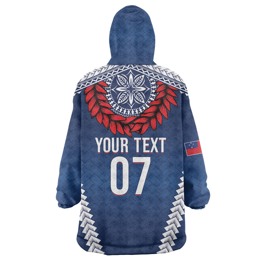 Manu Samoa Rugby Custom Navy Blue Wearable Blanket Hoodie ʻIe Toga Pattern With Red Ula fala LT7 - Polynesian Pride