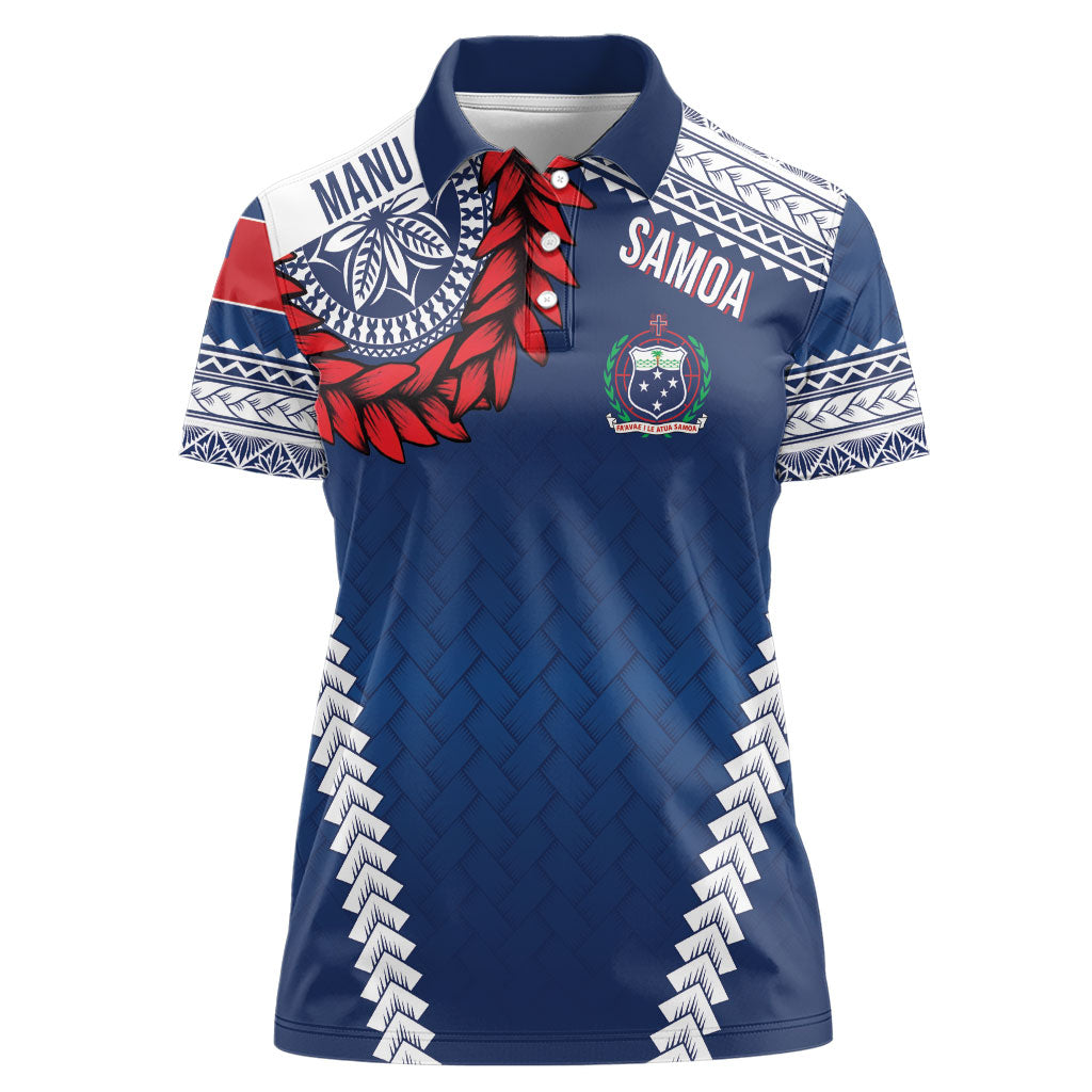 Manu Samoa Rugby Custom Navy Blue Women Polo Shirt ʻIe Toga Pattern With Red Ula fala LT7 Female Navy Blue - Polynesian Pride