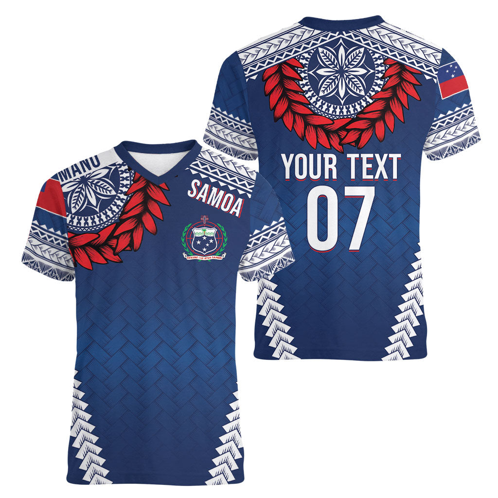 Manu Samoa Rugby Custom Navy Blue Women V-Neck T-Shirt ʻIe Toga Pattern With Red Ula fala LT7 - Polynesian Pride