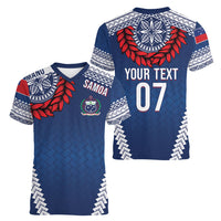 Manu Samoa Rugby Custom Navy Blue Women V-Neck T-Shirt ʻIe Toga Pattern With Red Ula fala LT7 - Polynesian Pride