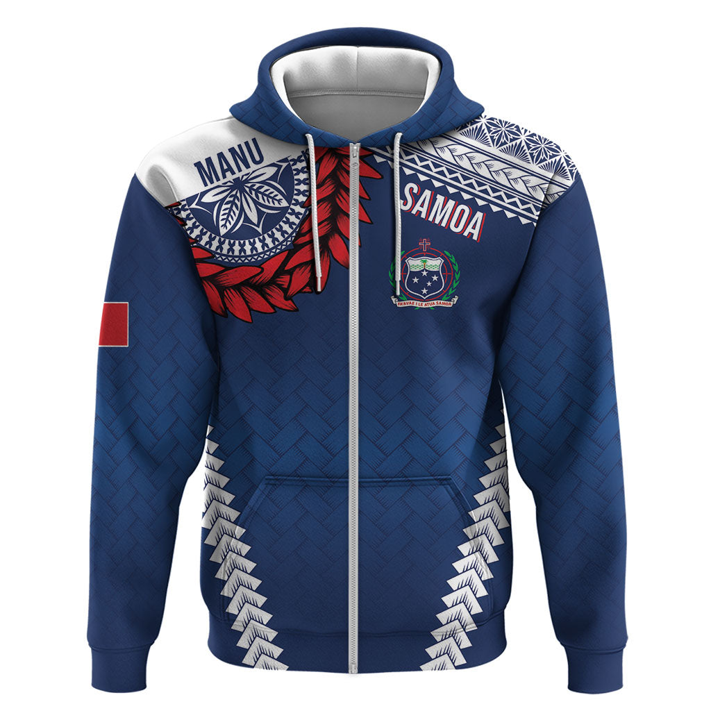 Manu Samoa Rugby Custom Navy Blue Zip Hoodie ʻIe Toga Pattern With Red Ula fala LT7 Zip Hoodie Navy Blue - Polynesian Pride