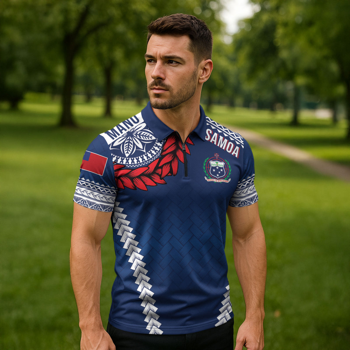Manu Samoa Rugby Custom Navy Blue Zipper Polo Shirt ʻIe Toga Pattern With Red Ula fala LT7 - Polynesian Pride