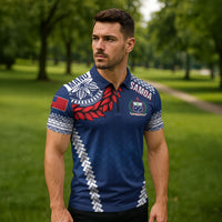 Manu Samoa Rugby Custom Navy Blue Zipper Polo Shirt ʻIe Toga Pattern With Red Ula fala LT7 - Polynesian Pride
