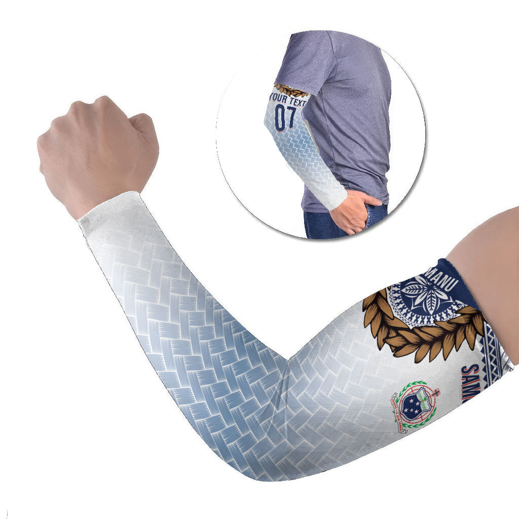 Manu Samoa Rugby Custom White Arm Sleeves ʻIe Toga Pattern With Brown Ula fala LT7 Set of 2 White - Polynesian Pride
